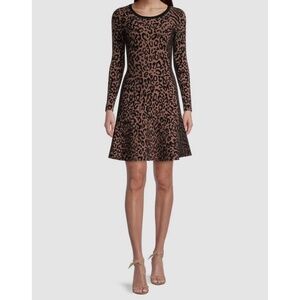 Milly Sz L Textured Cheetah Flare Midi Dress Stretch‎ Brown Black Pullover